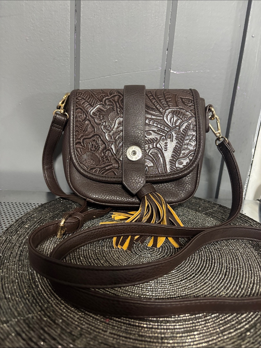 Ginger Snaps Embossed Brown Leather Crossbody with Tassel Detail